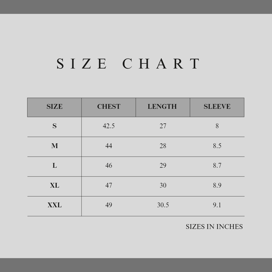 A size chart for the silverhollowjewellery Classic Embroidered T-Shirt, detailing chest, length, and sleeve measurements in inches for sizes S through XXL.