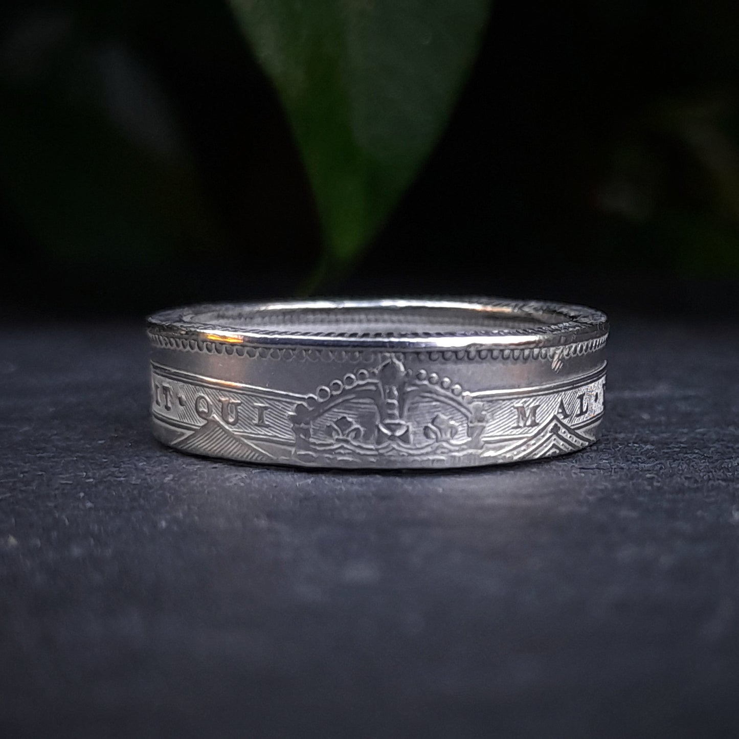 The 1800s Victorian Shilling Ring by silverhollowjewellery, crafted from sterling silver, features detailed engravings and embossed text. It rests on a dark surface with a green leaf in the background.