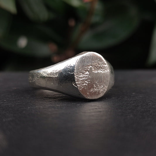 The Raw Oval Signet by silverhollowjewellery is a recycled sterling silver ring featuring a textured oval face and brushed, slightly rough finish, displayed against a dark backdrop with greenery.