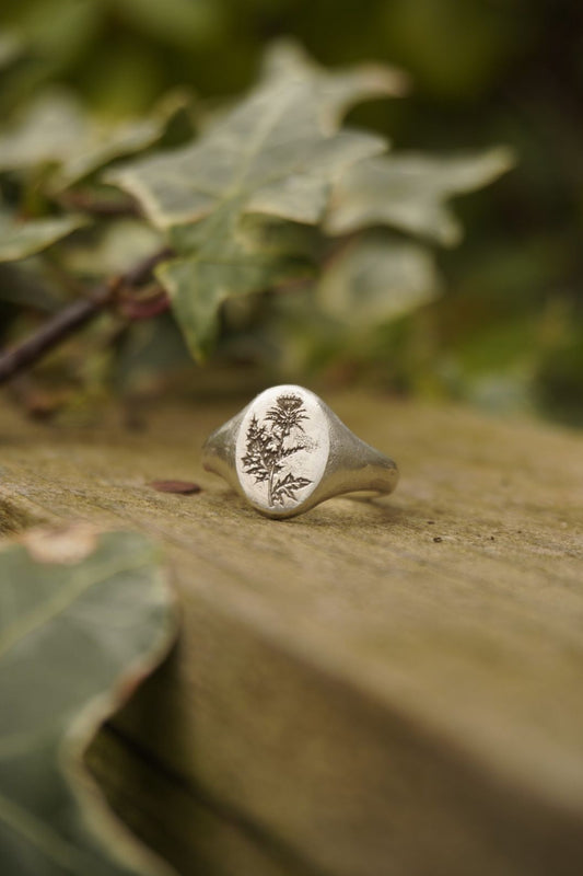 Custom engraved thistle signet ring
