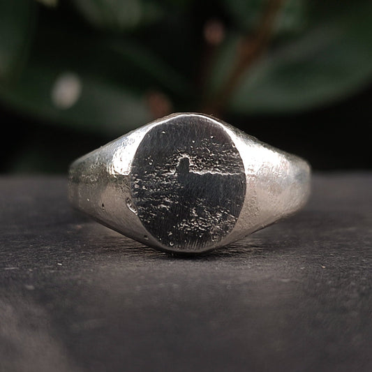 Handmade sandcast textured silver circle signet ring, sustainable jewellery by Silver Hollow Jewellery