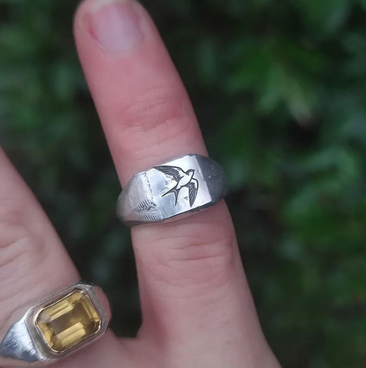Swallow design silver signet ring