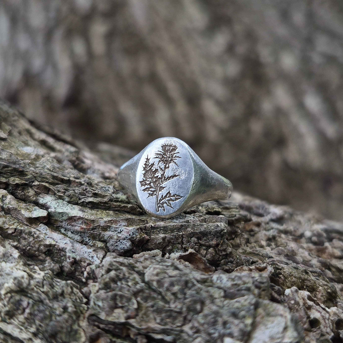 Silver ring with thistle engraving on a textured wooden surface
