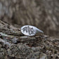 Silver ring with oak leaf design on a tree trunk