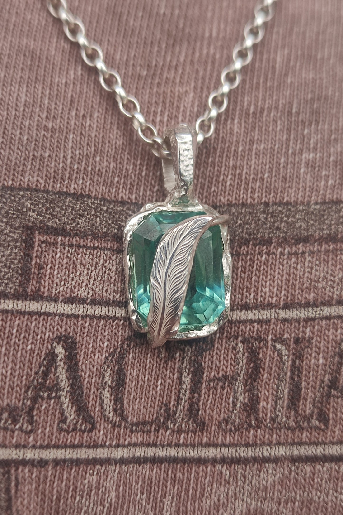 Feather Teal Sapphire Pendant- Sterling Silver
