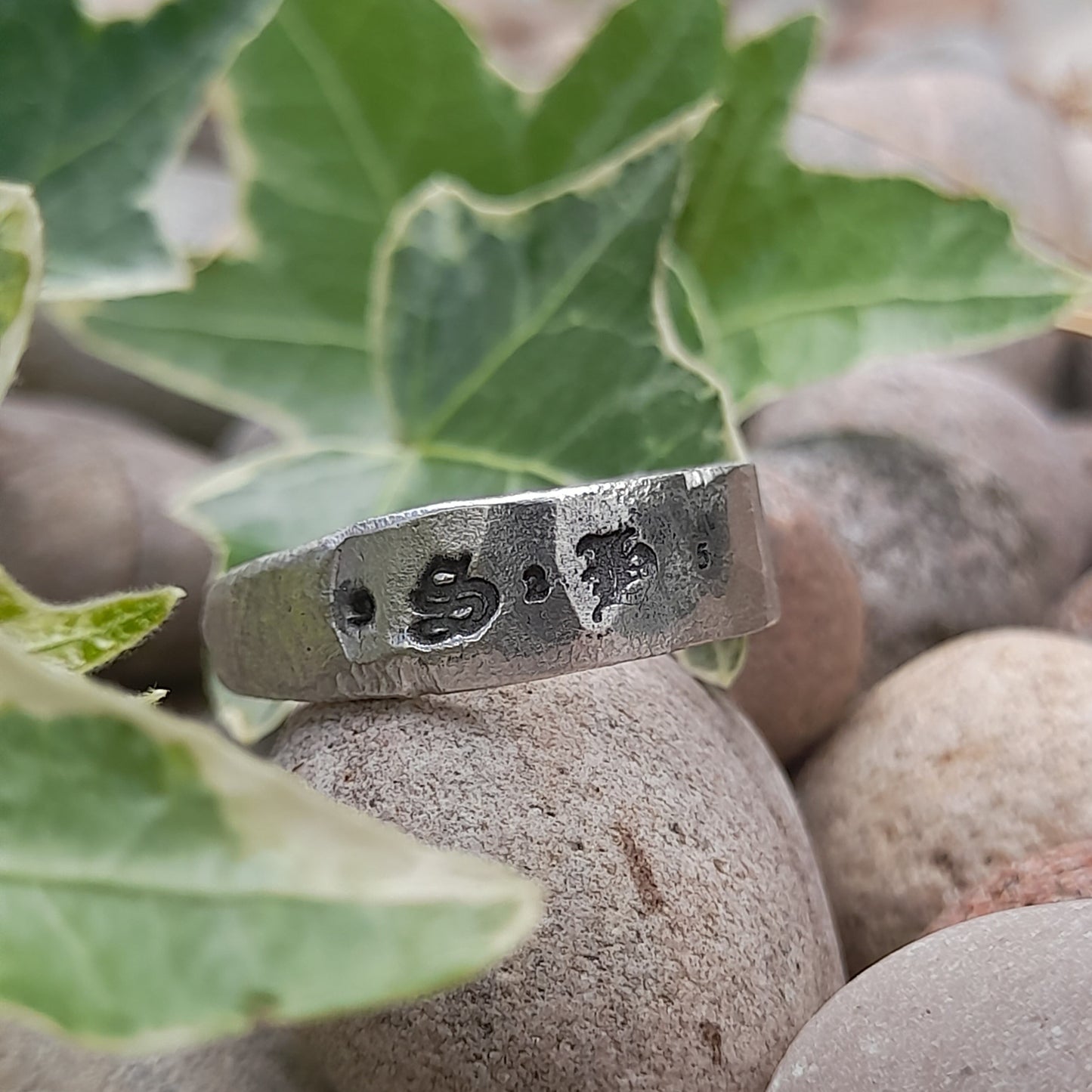 distressed volcanic texture silver hallmark ring